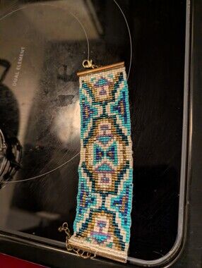 Colorful Geometric Seed Bead Bracelet in Turquoise, White, Gold & Purple